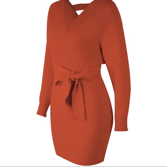 V Neck Wrap Knit Long Sleeve Casual Sweater Dress - Picture 4 of 7